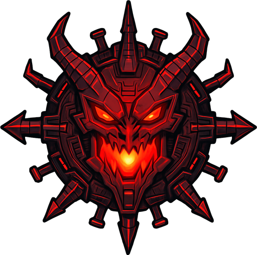 Topdown view, flying red demonic virus boss, evil-looking, sharp edges, glowing red core, cyber style, futuristic tech details, no background, circular, symmetrical.
In-Game asset.  2d.  High contrast.  No shadows