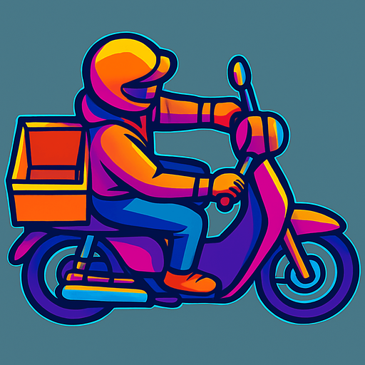 A moped courier riding a moped with a food carrying basket with the top open and no lid on the back of the moped. Top down view with the moped pointing fully sideways.