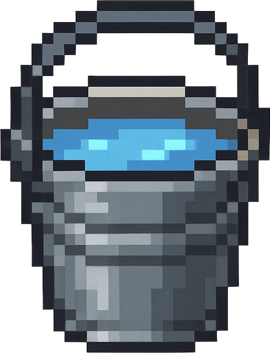 iron bucket, pixelart, water.
In-Game asset.  2d.  High contrast.  No shadows