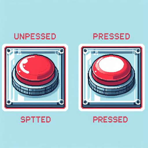 A spritesheet showing only 2 sprites, of the unpressed and pressed states of a BIG RED BUTTON respectively . The sprites in the sheet should be laid out with transparent space between them in clearly defined rectangular areas. The button itself should be large and round, like on old arcade game machines, with a plastic inset around it, and when it's pressed down, it should appear lower relative to that plastic ring, so that it is visibly easy to distinguish between the pressed down and unpressed state..
Single Game Texture. In-Game asset. 2d. Blank background. High contrast. No shadows.