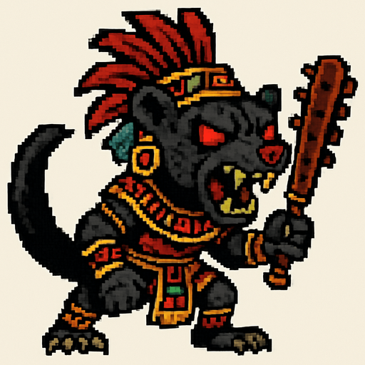 Genérame una Tayra guerrero azteca con eso patrones, estilo pixelar, con una apariencia maligna, ojos rojos, rabioso. Unidad cuerpo a cuerpo. Animal.
In-Game asset.  2d.  High contrast.  No shadows