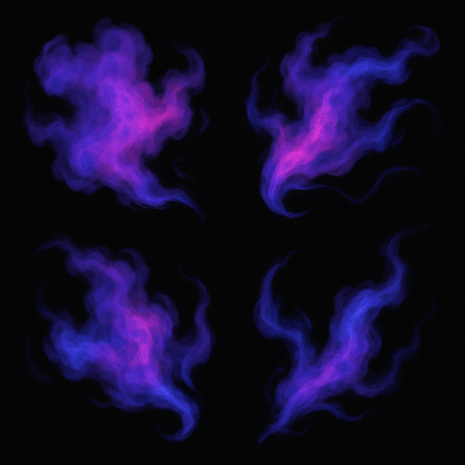 Wispy, gas-like particles

```
- Shape: Irregular, cloud-like with flowing tendrils
- Colors: Purple (#8844FF), magenta (#FF44AA), blue (#4488FF)
- Opacity: 60-80% at center, fading to transparent
- Texture: Soft, organic, slightly mottled
- Multiple variants: 3-4 different shapes for variety.
In-Game asset.  2d.  High contrast.  No shadows