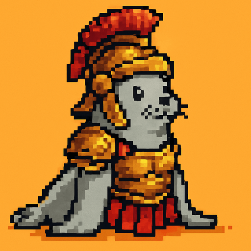 una foca de pixeles con armadura de gladiador.
In-Game asset.  2d.  High contrast.  No shadows