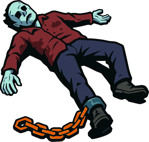 dead body on the ground, a chain on his leg (no ground).
In-Game asset.  High contrast.  No shadows. 3D