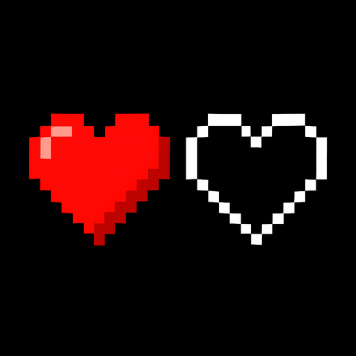 Две разнавидно сти сердца подно и пустое пиксильно хп.
In-Game asset.  2d.  High contrast.  No shadows