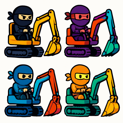 Different frames of a ninja digger, different colors, HD colors.
In-Game asset.  2d.  High contrast.  No shadows