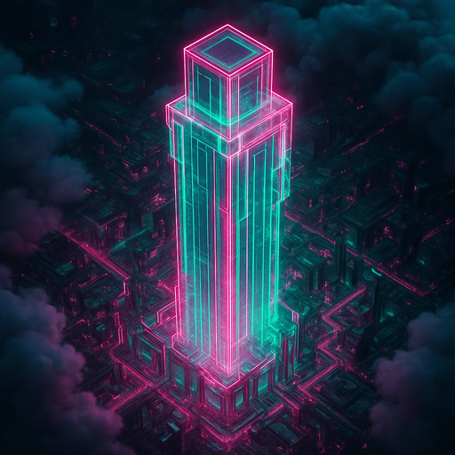 Massive futuristic neon hologram skyscraper top down isometric poking out of clouds from above elaborate cyberpunk architecture glowing pink green projection hologram 3d