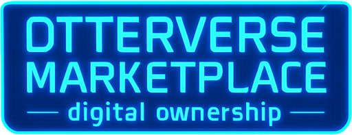 Create a cyber-bazaar corridor lined with glowing vendor pods and digital price tags flickering in neon. A large holoscreen banner reads ‘Otterverse Marketplace - digital ownership’ Include floating ad drones, steam jets from vents, and reflective floor panels—no visible characters or coins..
In-Game asset.  2d.  High contrast.  No shadows