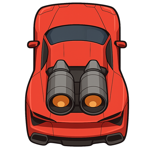 a top view of the supercar with rocket engines on the back. No background. Transparent background. Blank background. No shadows. 2d. In-Game asset. flat