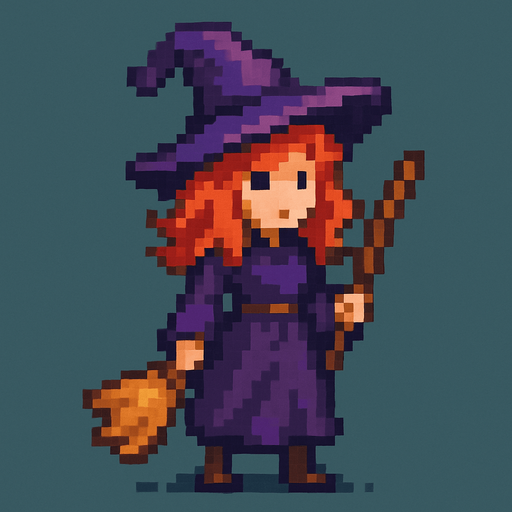 a witch with red head and purple hat..
pixel art. full body