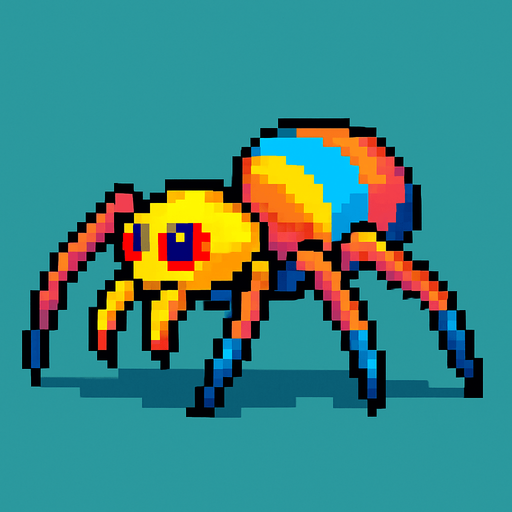 pixel art colorful spider sideview.
In-Game asset.  2d.  High contrast.  No shadows