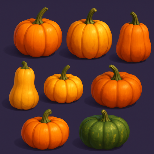 Pack of different pumpkin, painted 3D pumpkin, without black lines around it!
In-Game asset.  High contrast.  No shadows. 3D