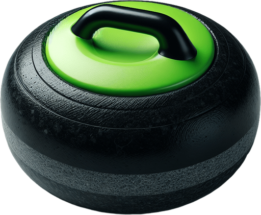 black curlingstone with neongreen top, top view.