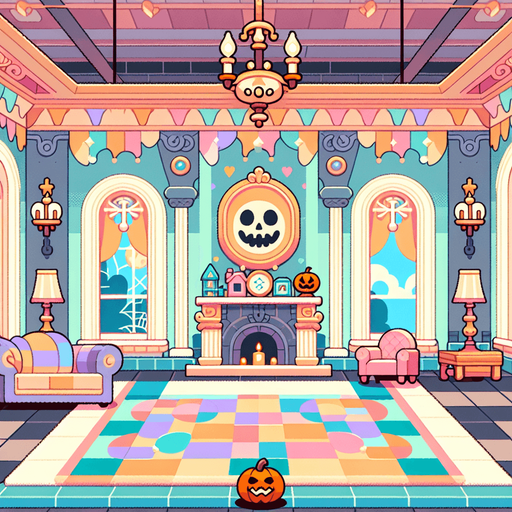 Background for hyper casual puzzle game. Showing halloween mansion interior. Pastel colors, flat shaded, vector art. Single Game Texture. In-Game asset. 2d. Blank background. High contrast. No shadows.