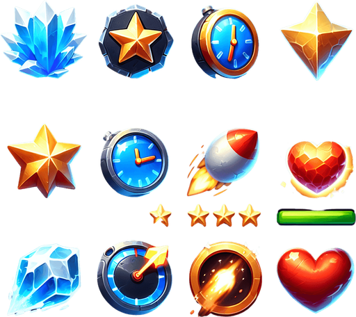 A set of vibrant, game-ready power-up icons designed for a fast-paced slicing game. The icons should have a glossy, high-quality 3D look with a slight glow effect. Each power-up represents a unique ability: a time freeze (ice crystal), a double points booster (golden star), a slow-motion effect (blue clock with a motion blur), an explosion (fiery bomb), and an extra life (red heart). The icons should be visually distinct and optimized for mobile gaming, rendered in 256x256 resolution with a transparent background.".
Single Game Texture.  In-Game asset.  2d.  Blank background.  High contrast.  No shadows