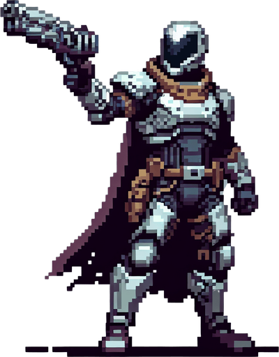 Create a pixel art sprite of the Mandalorian from the Star Wars universe. The Mandalorian should be standing in a determined pose, with his beskar armor and blaster raised. The sprite should be detailed and recognizable, but also stylized to fit within the pixel art aesthetic.
The Mandalorian is a skilled bounty hunter known for his unwavering determination and formidable combat skills. Clad in his signature beskar armor, he wields an array of deadly weapons, including his trusty blaster and a jetpack that allows him to maneuver with incredible agility. Despite his gruff exterior, the Mandalorian possesses a strong sense of honor and a deep-seated loyalty to those he protects.