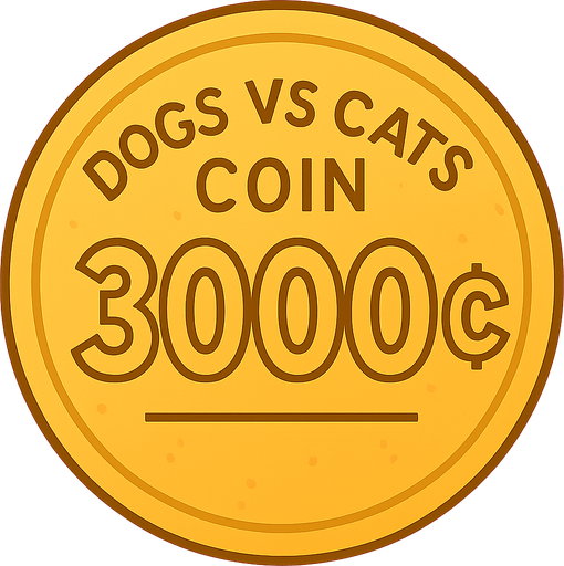 A golden shining coin with the words “dogs vs cats coin” at the top and the coin says “3000¢” with a dark yellow line under. No background. Transparent background. Blank background. No shadows. 2d. In-Game asset. flat