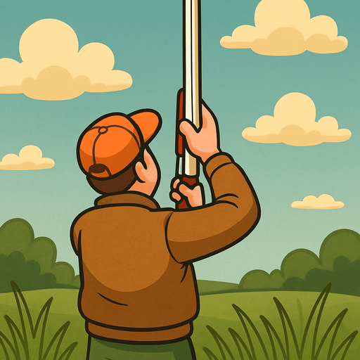 cartoon style back view duck hunter use white shootgun straight vertical shoot act.