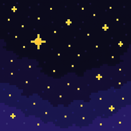 Un cielo noche pixelar 16:04 con estrellas.
In-Game asset.  2d.  High contrast.  No shadows