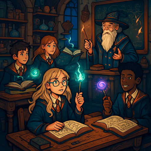Clase estudiantil mágica algo más detallada muy realista en 2D.
In-Game asset.  2d.  High contrast.  No shadows