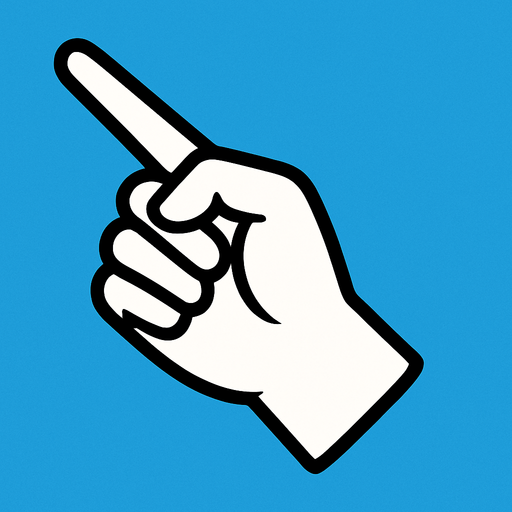 black outline. The back of a hand with a pointing finger pointing to the top-left. Black and white only. Blue background..
In-Game asset.  2d.  High contrast.  No shadows