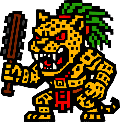 Genérame una Jaguar guerrero azteca con eso patrones, estilo pixelar, con una apariencia maligna, ojos rojos, rabioso. Unidad cuerpo a cuerpo.
In-Game asset.  2d.  High contrast.  No shadows