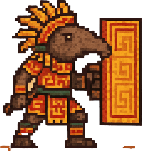 Generame un guerrero azteca con patrones, estilo pixelar, además será un animal Tapir, con efectos de tierra, cargando un gran escudo o muro..
In-Game asset.  2d.  High contrast.  No shadows