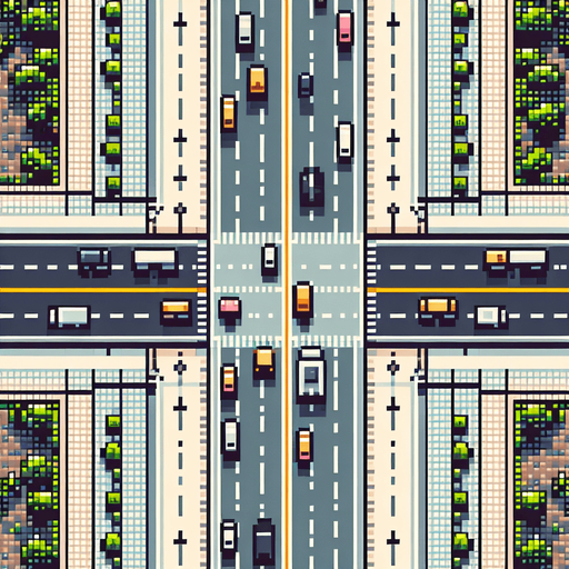 Top view of an empty road without lines from top to bottom.
overhead view.  Pixel art