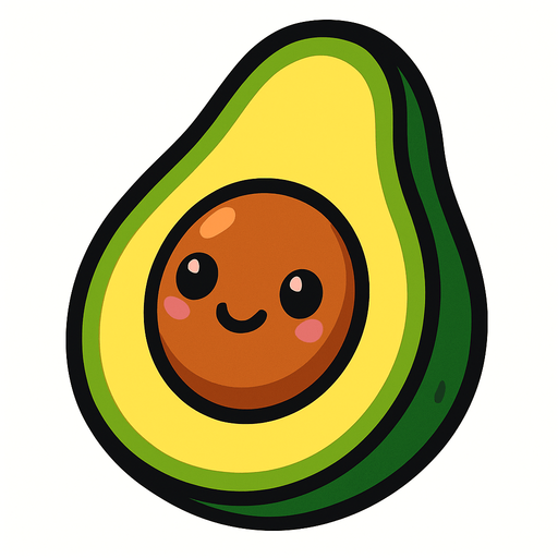 A cut in half avocado with cute face.
In-Game asset.  2d.  High contrast.  No shadows