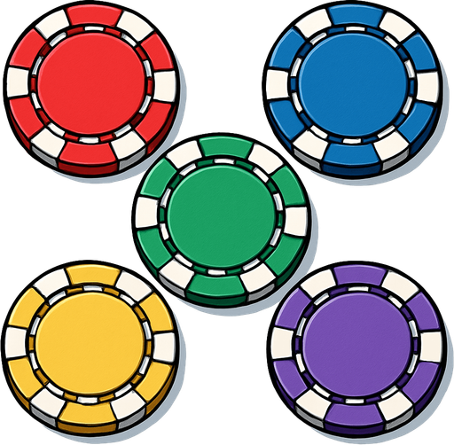 A set of five different colored poker chips seen from directly overhead. Anime style..
In-Game asset.  2d.  High contrast.  No shadows