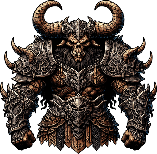 2D armored evil minotaur.
Single Game Texture.  In-Game asset.  2d.  Blank background.  High contrast.  No shadows