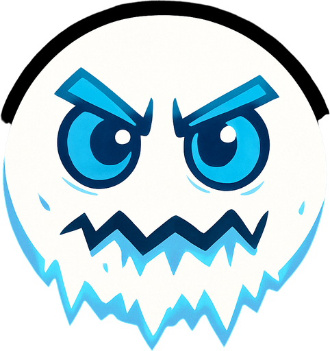 a white circle with blue eyes and an icy face.
In-Game asset.  2d.  High contrast.  No shadows