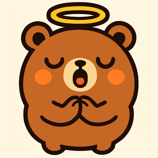 un oso redondito, con una aureola, cara kawai y con los brazitos juntitos como rezando y cantando.
In-Game asset.  2d.  High contrast.  No shadows