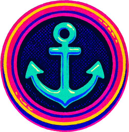 A round button with an embossed edge with an anchor in the center. 80s arcade machine graphics..
In-Game asset.  2d.  High contrast.  No shadows