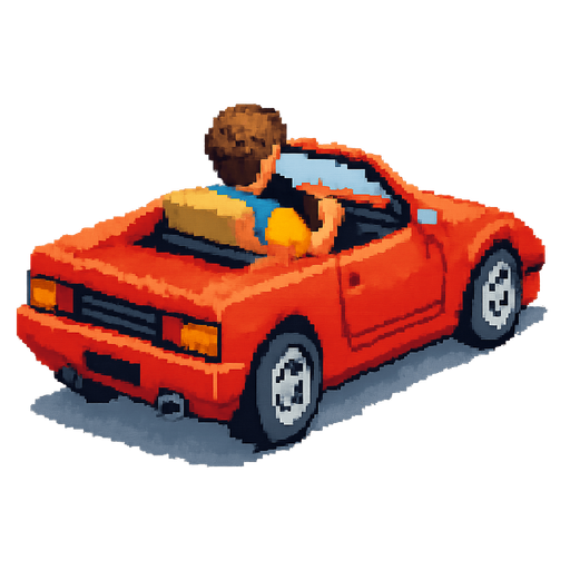 The car from the retro game out run, a red chevriolet, being driven by a man looking like from the 80s-90s. pixel style. The car is centered in the image, but it's positioned in diagonal, from top right to bottom left. No shadows on the car.