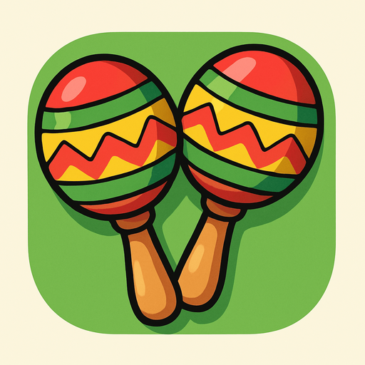 A colorful, cartoon-style 2D illustration of a pair of maracas. Each maraca should have a rounded top and a small wooden handle, decorated with bright patterns (like stripes or zigzags in red, yellow, green). The design should be playful and festive, matching the visual style of mobile games. Export as a transparent PNG, with bold outlines and soft shading, suitable for use as a music quiz game icon..rounded background with yellow or green

In-Game asset.  2d.  High contrast.  No shadows