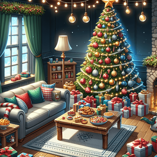 A cozy living room with a christmas tree, presents, snacks, ornaments and everythning in place for christmas. Single Game Texture. In-Game asset. 2d. Blank background. High contrast. No shadows.