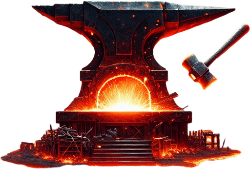 Backdrop: A grand forge surrounded by molten lava and glowing hammers mid-swing.

Colors: Fiery reds and oranges with metallic silver and gray.

Details: Sparks flying and glowing weapon fragments scattered around..
Single Game Texture. In-Game asset. 2d. Blank background. High contrast. No shadows.