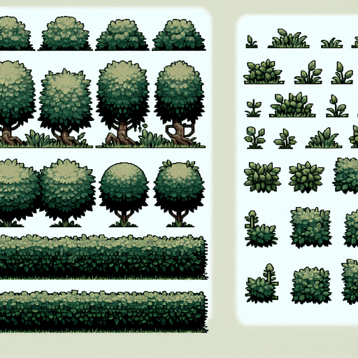 A spritesheet in sideperspective showing various low dull green hedges and bushy foliage for a platformer game. semi detailed game illustration style. medieval. muted colors..
Single Game Texture. In-Game asset. 2d. Blank background. High contrast. No shadows.