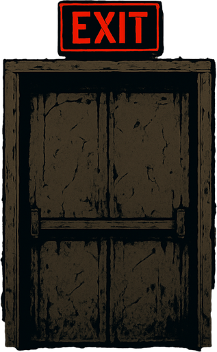 Make a door with a white wall like it was in an abandoned school on top of the door is a glowing red exit sign.
In-Game asset.  2d.  High contrast.  No shadows