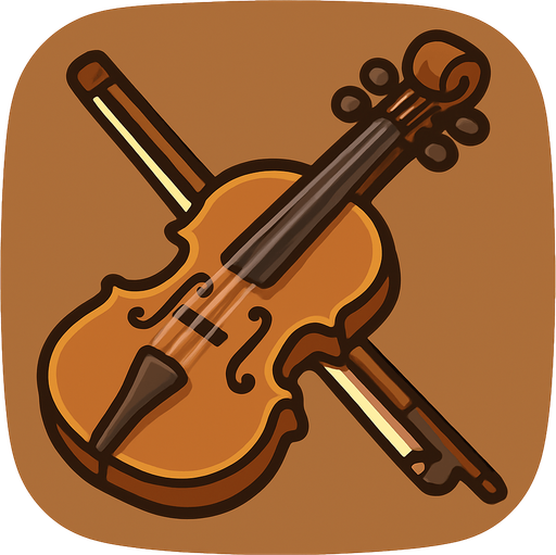 A cartoon-style 2D illustration of a traditional fiddle (similar to a violin) with a bow placed beside or over it. The fiddle should have a warm brown wooden body with visible f-holes, four strings, and tuning pegs. Add soft shadows, rounded edges, and a clean outline. The overall style should feel friendly and suitable for mobile games. Export the image as a transparent rounded brown background PNG, usable as a clickable icon in a music quiz game..
In-Game asset.  2d.  High contrast.  No shadows