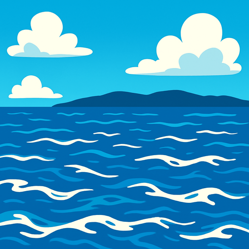 un mar con un fondo a lo lejos.
In-Game asset.  2d.  High contrast.  No shadows