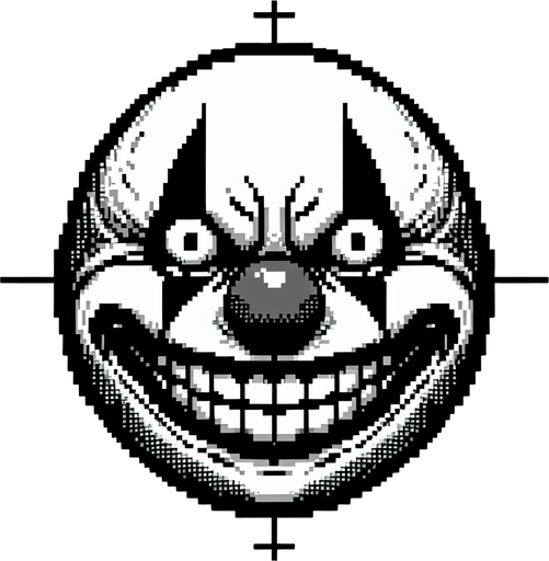 Grinning creepy ball shaped clown face.
Single Game Texture. In-Game asset. 2d. Blank background. High contrast. No shadows. 8 bit