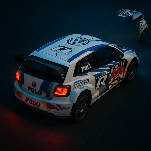Photorealistic Volkswagen Polo R WRC Rallycar in nightlight, drone topview from back and 45 degrees angle in top right corner