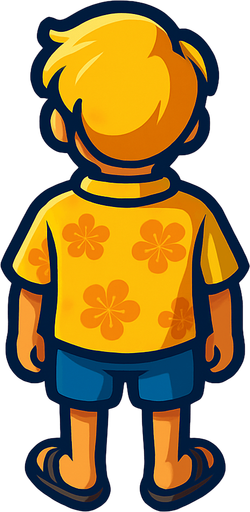 A young boy with a yellow Hawaiian style shirt and sandals. No hat. Blonde hair.