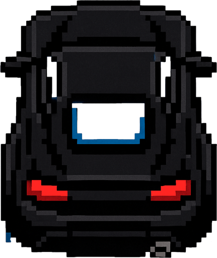 un auto negro deportivo hecho con pixeles con la perspectiva desde arriba y trasera.
In-Game asset.  2d.  High contrast.  No shadows