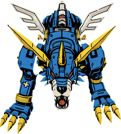 Metalgarurumon, visto desde arriba, detalles muy épicos.
In-Game asset.  2d.  High contrast.  No shadows