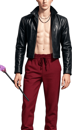 Swishy graceful man Cyberpunk manga, facing forward idle animation shiny black leather biker jacket longsleeves shirtless thin toned abs blonde undercut pompadour guy, wine red joggers, combat boots, holding gemstone-tipped magic wand, necklaces, Background removed, Full-body character, entirely in frame, no cropping of hair, head, or boots, Complete character visible, from head to toe, fully centered in the image" "Entire character, fully within the frame, no edges cut off fashion illustration model idle pose, style of Vogue magazine