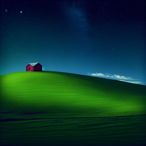 Windows xp hill with a red barn on the top of the hill at night.
Single Game Texture. In-Game asset. 2d. Blank background. High contrast. No shadows.