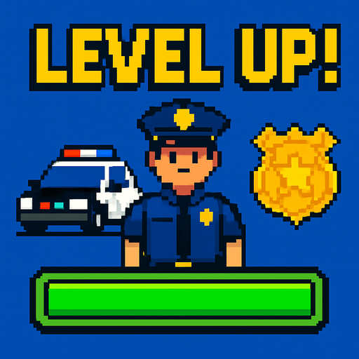 a police themed level up screen pixel art.
In-Game asset.  High contrast.  No shadows